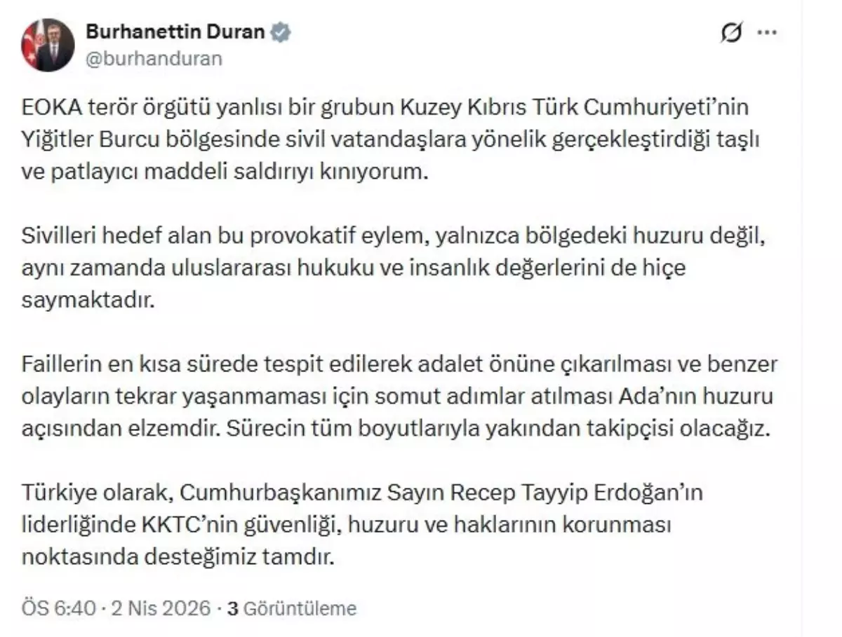 İletişim Başkanı Duran: EOKA terör örgütü yanlılarının KKTC\'deki saldırısını kınıyorum