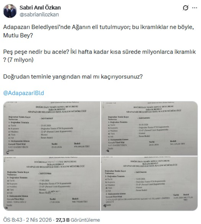 Adapazarı Belediyesi'nde milyonlarca liralık ikram bedeli iddiası