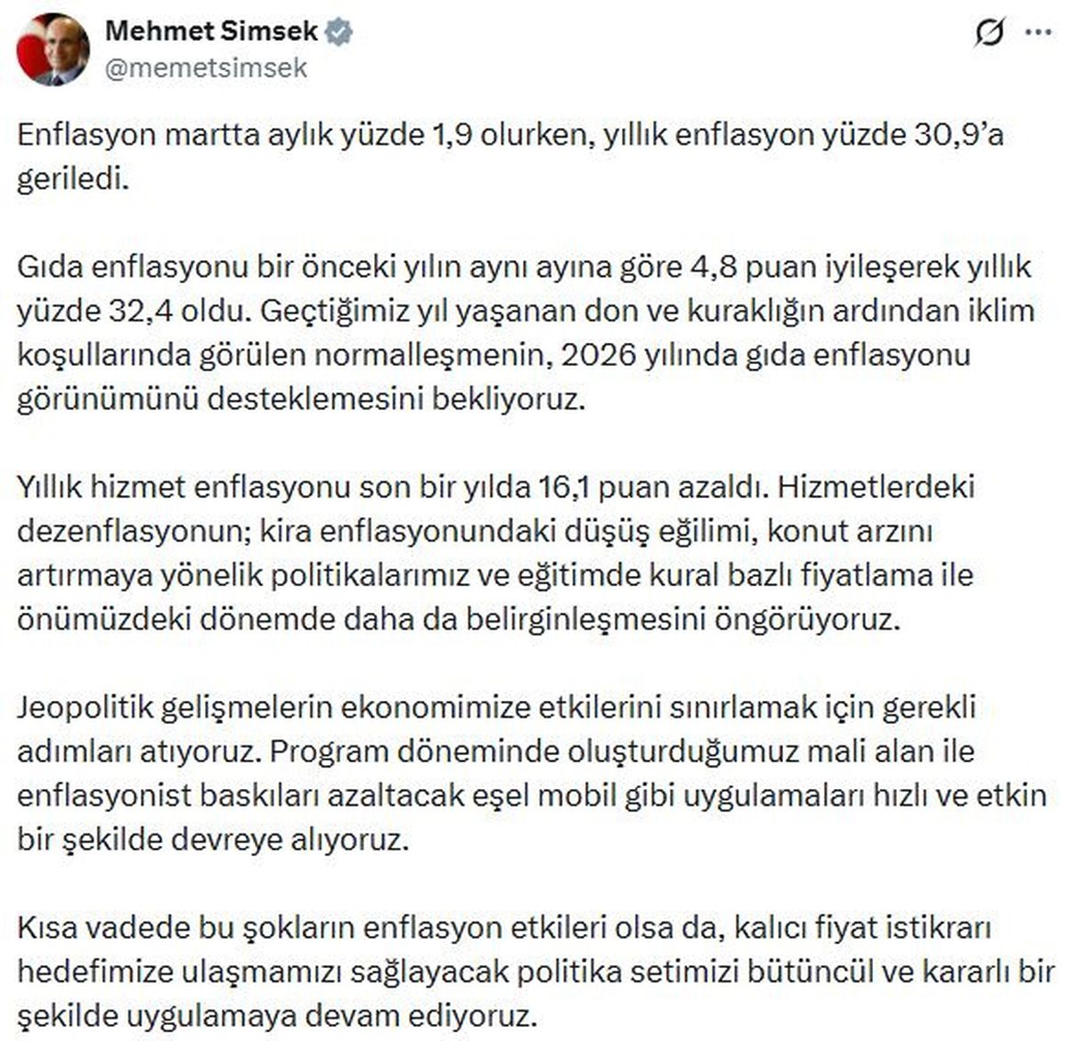 Bakan Şimşek\'ten Enflasyon Açıklaması