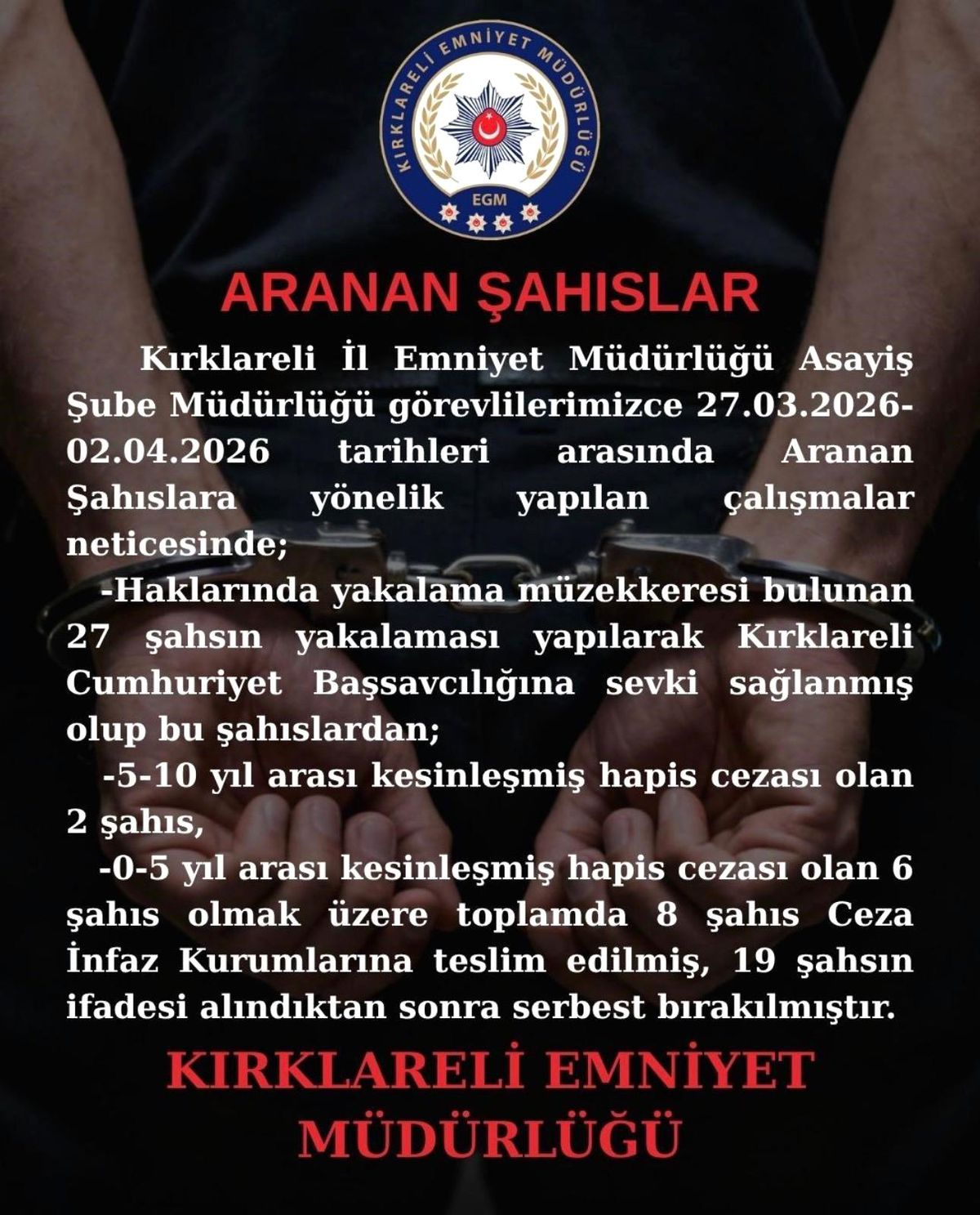 Kırklareli\'nde Asayiş Operasyonu: 8 Tutuklama