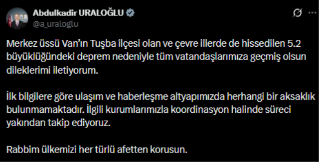 Van'da 5,2 büyüklüğünde deprem