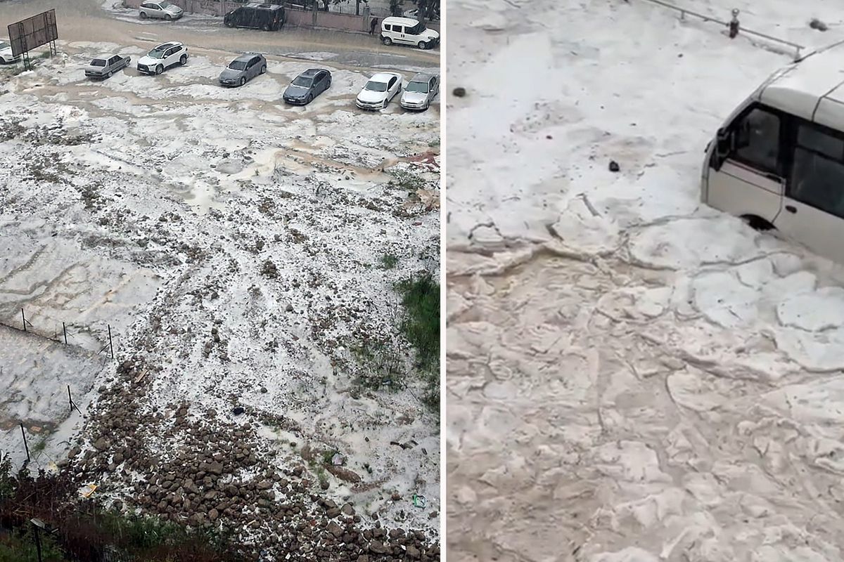 Adana\'da sağanak ve dolu yağışı; cadde ve sokaklar beyaza büründü