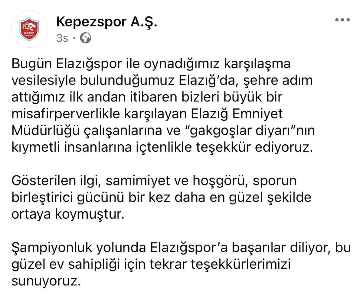 Kepezspor'dan Elazığ'a Teşekk&uuml;r