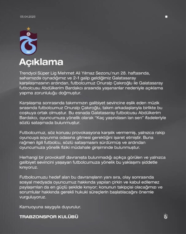 Trabzonspor'dan açıklama: Abdülkerim Bardakcı futbolcumuzu provoke etti
