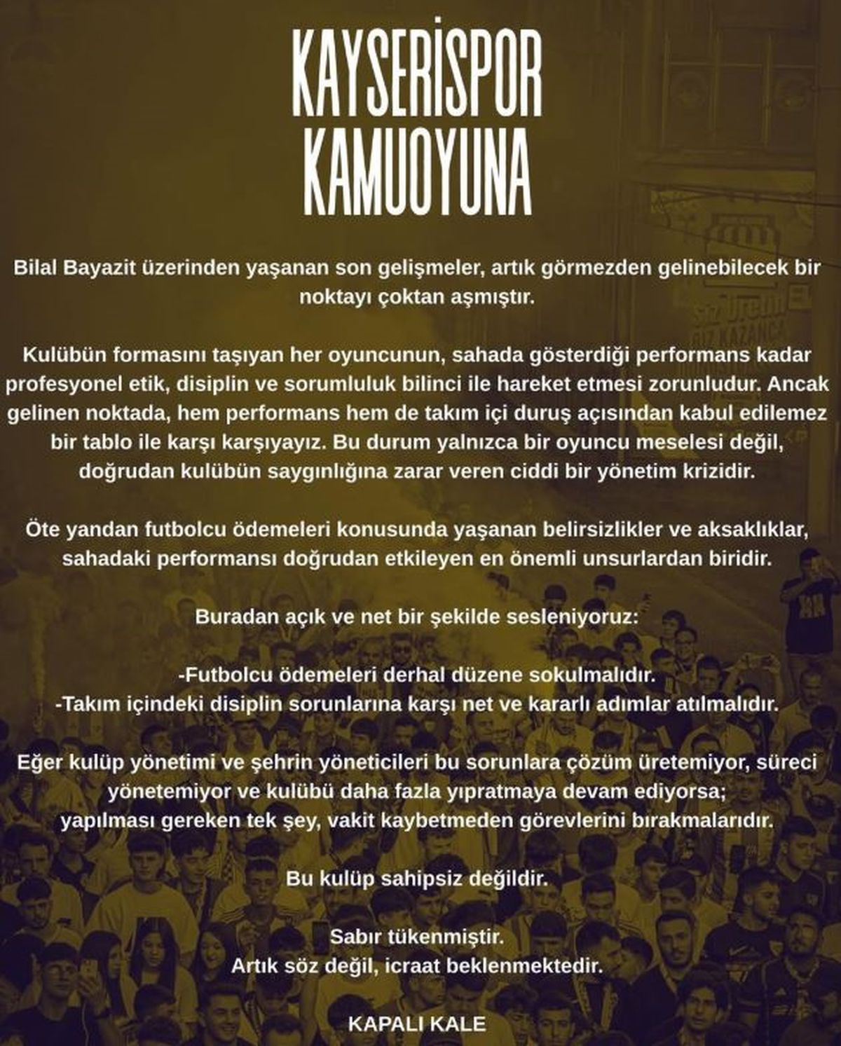 Kayserispor Taraftarından Yönetim Uyarısı