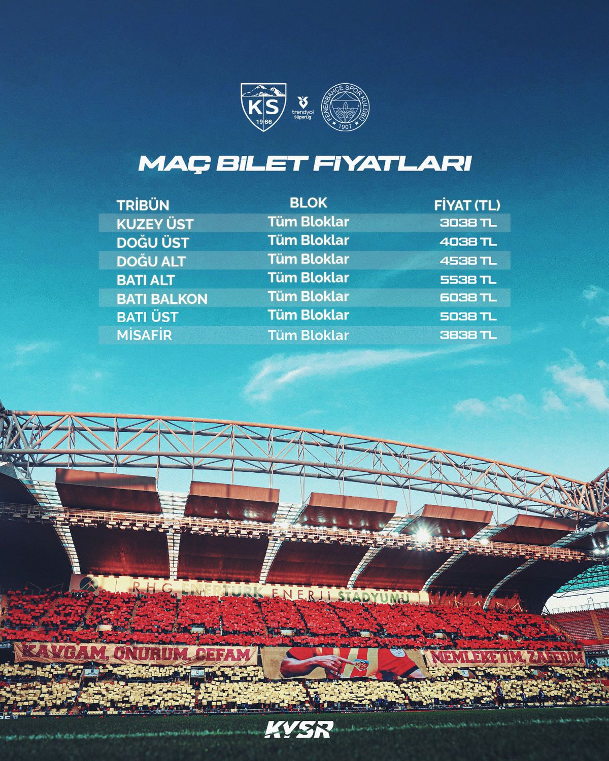 Kayserispor-Fenerbah&ccedil;e Ma&ccedil;ı Bilet Fiyatları A&ccedil;ıklandı