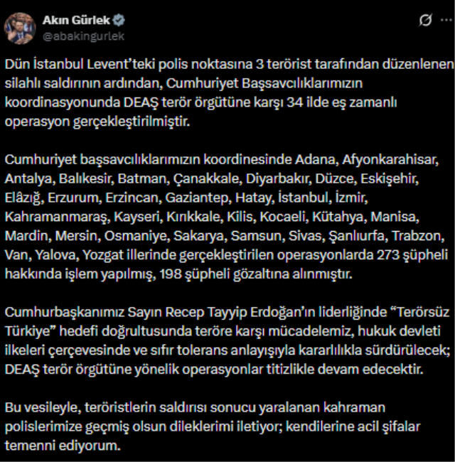 Levent'teki terör saldırısının ardından 34 ilde DEAŞ operasyonu: 198 şüpheli gözaltında