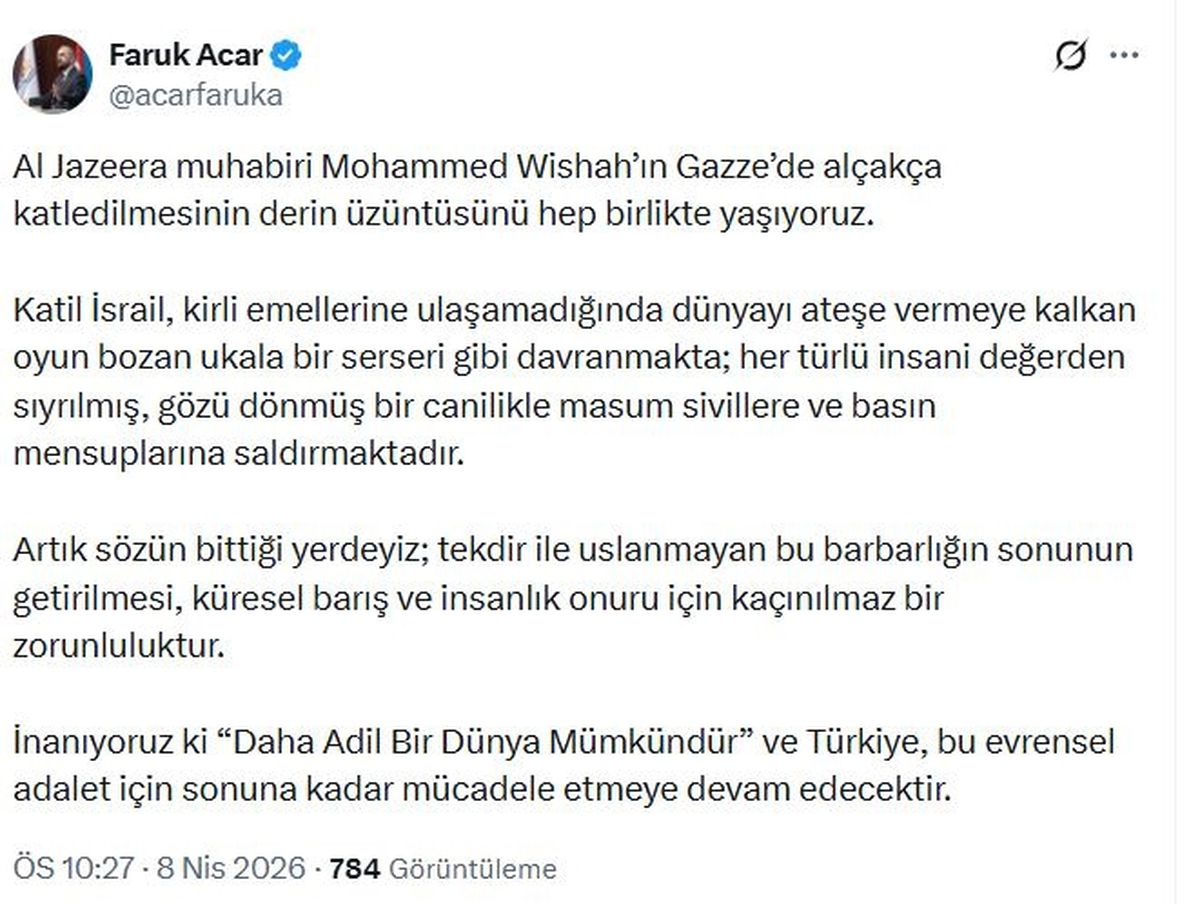 Acar: Katil İsrail insani değerlerden sapmıştır