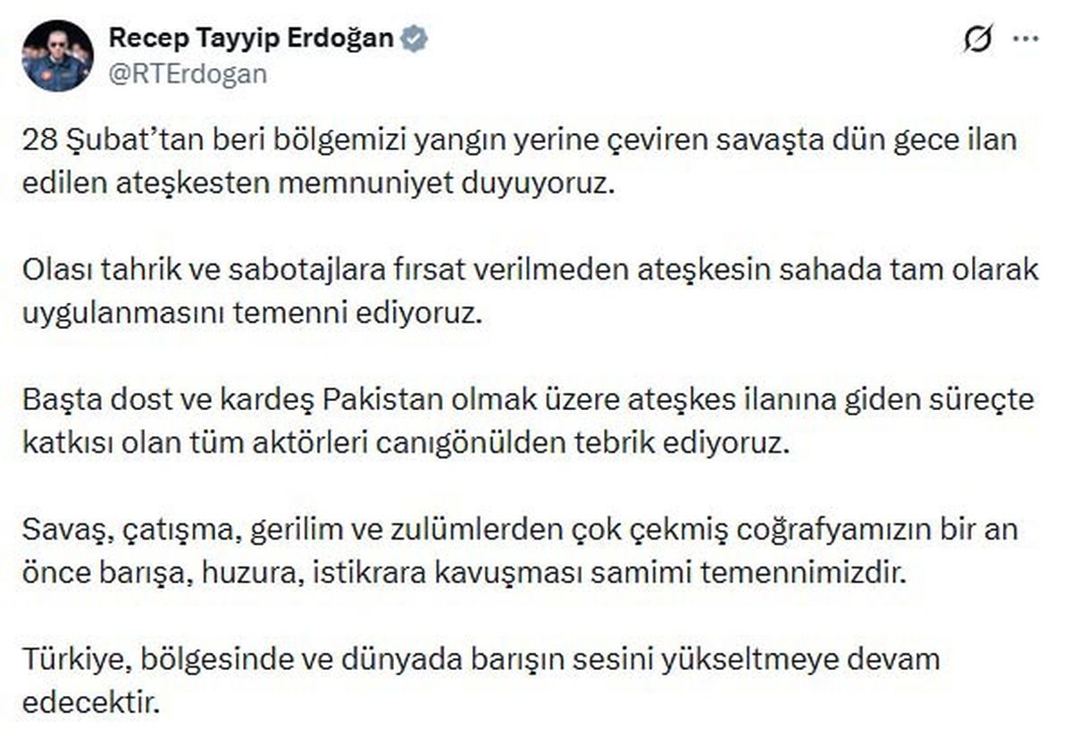 Cumhurbaşkanı Erdoğan: Ateşkesten memnuniyet duyuyoruz