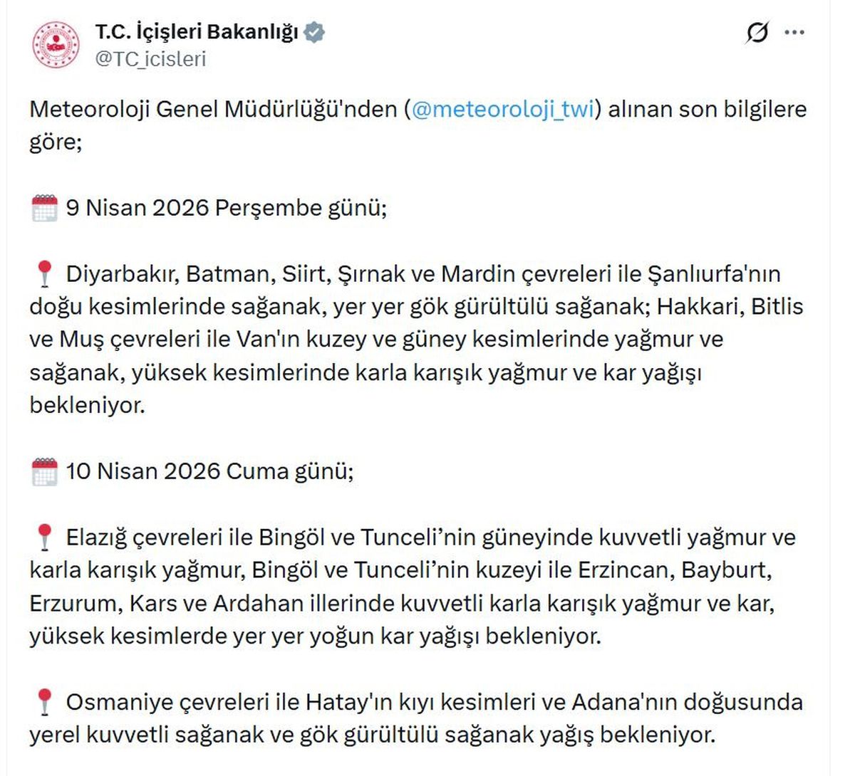 Sağanak ve Kar Yağışı Uyarısı