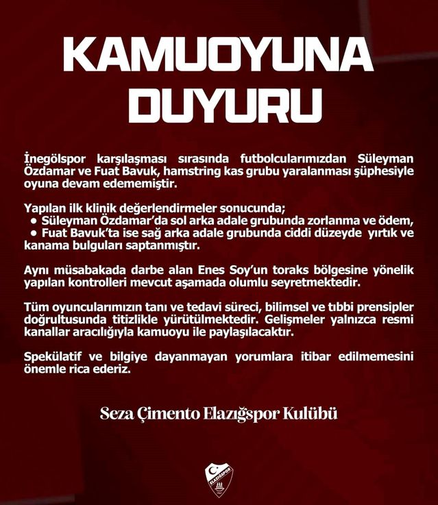 Elazığspor’da Sakatlık Açıklaması