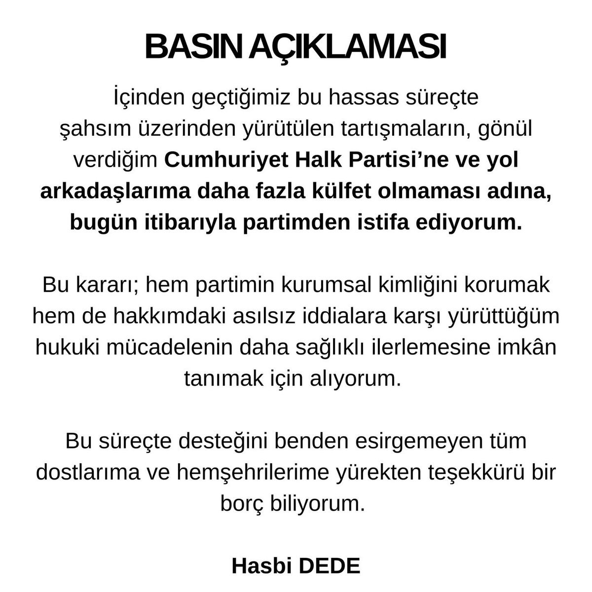 Hasbi Dede CHP\'den İstifa Etti