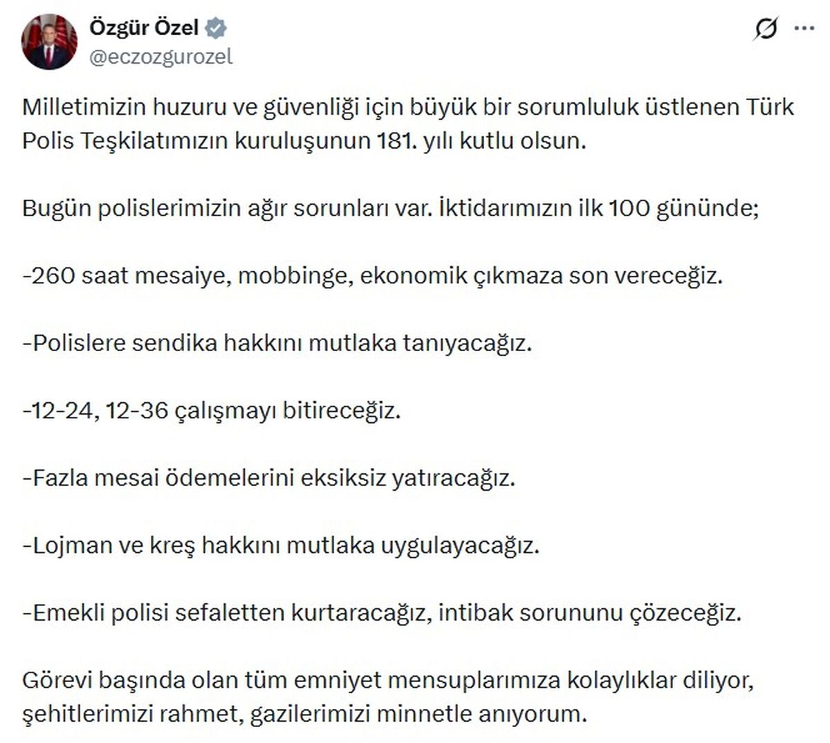 Özgür Özel, Türk Polis Teşkilatı\'nın 181\'inci kuruluş yıl dönümünü kutladı