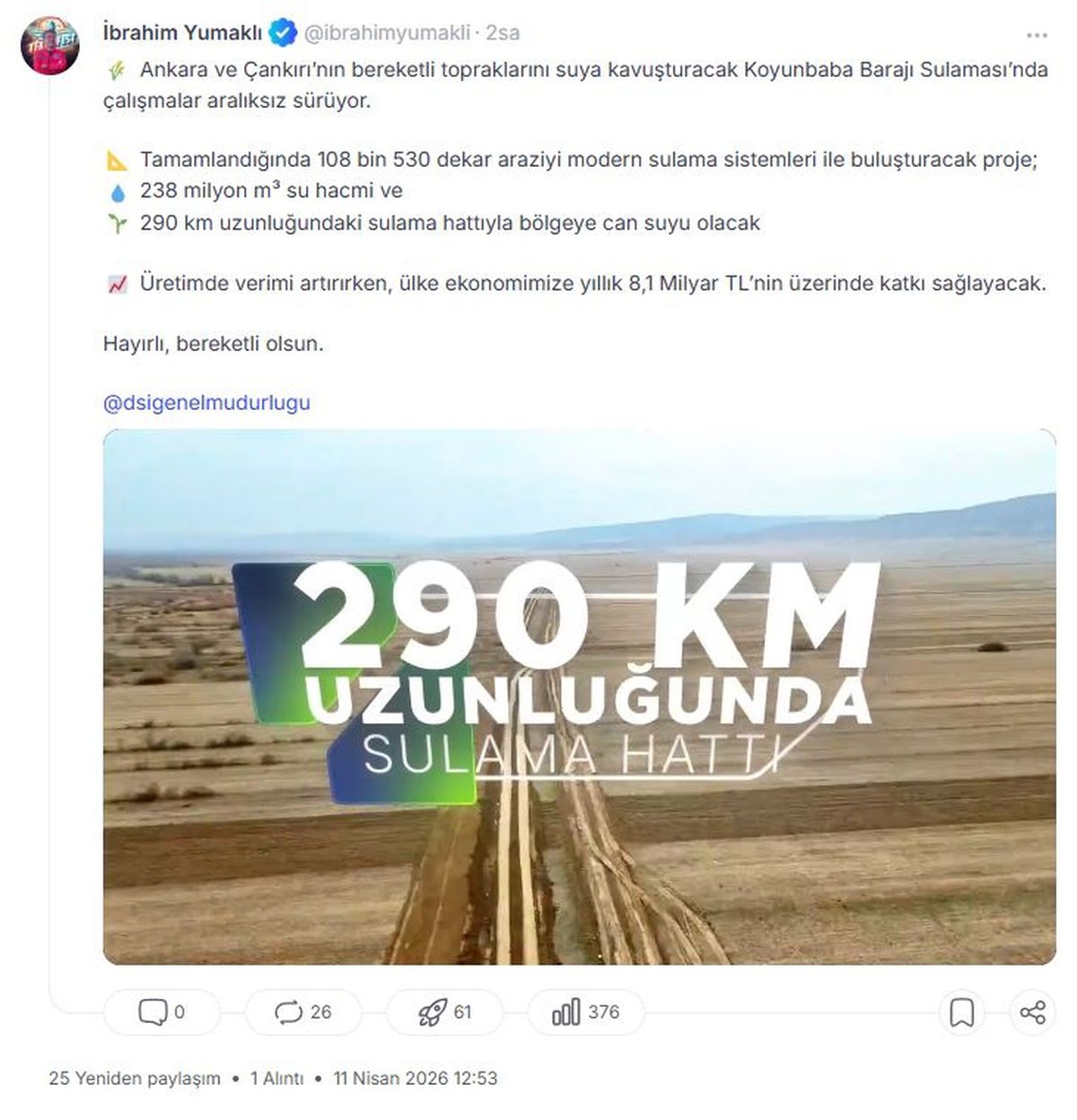 Koyunbaba Barajı Sulaması Devam Ediyor