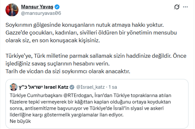 Cumhurbaşkanı Erdoğan'ı hedef alan İsrail'li bakana cevap Mansur Yavaş'tan geldi