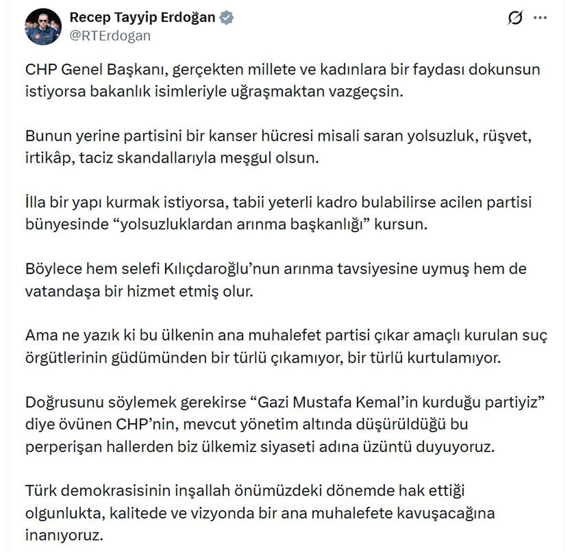Cumhurbaşkanı Erdoğan: CHP Genel Başkanı yolsuzluk, rüşvet, irtikap, taciz skandallarıyla meşgul olsun