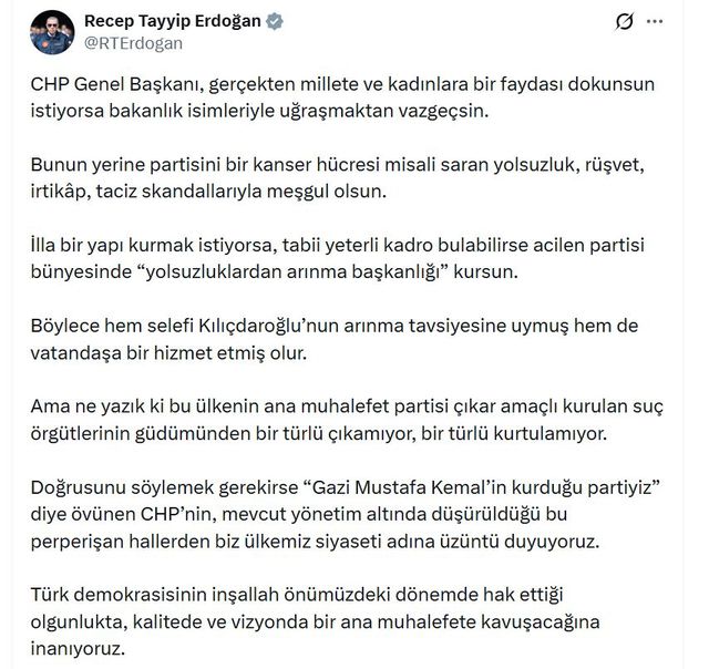 Cumhurbaşkanı Erdoğan: CHP Genel Başkanı yolsuzluk, rüşvet, irtikap, taciz skandallarıyla meşgul olsun