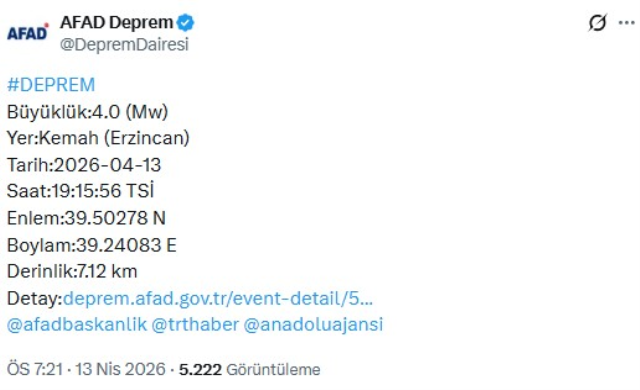 Erzincan'da 4 büyüklüğünde deprem