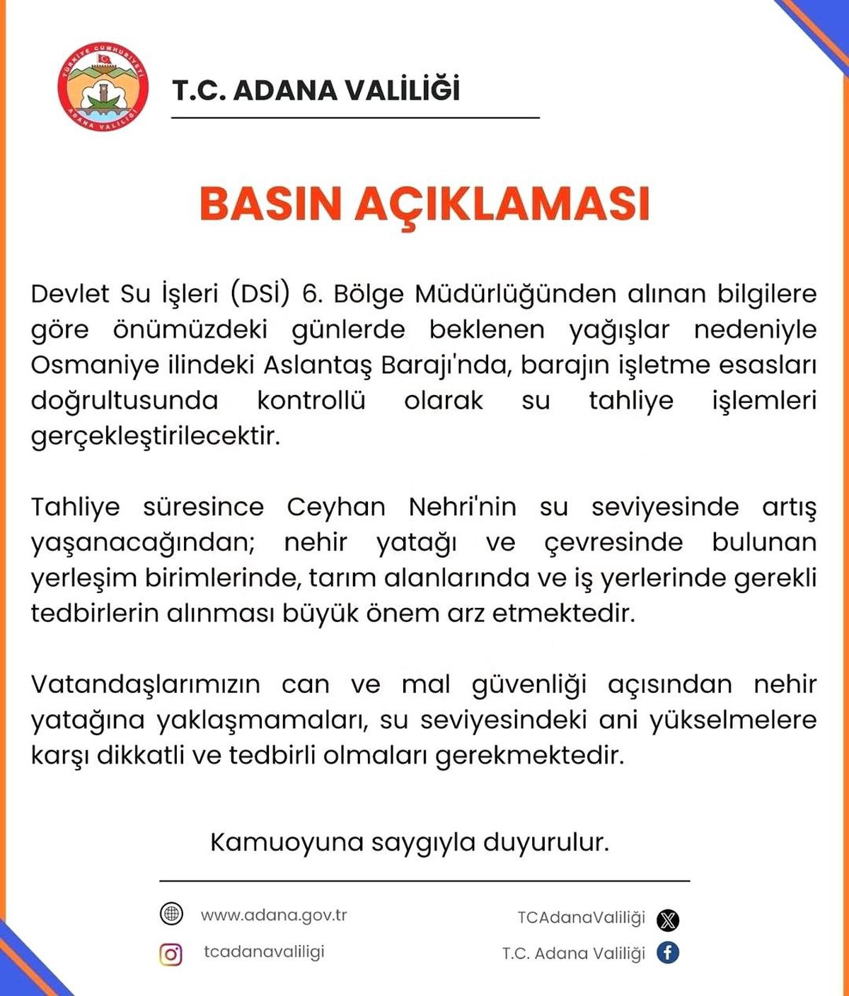 Adana\'da Barajdan Su Tahliyesi