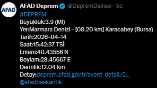 Marmara Denizi'nde 3.9 büyüklüğünde deprem