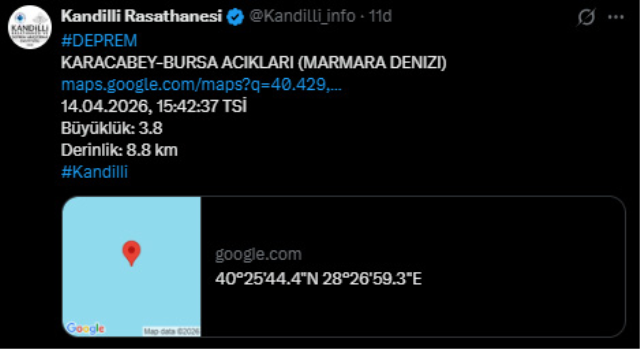 Marmara Denizi'nde 3.9 büyüklüğünde deprem
