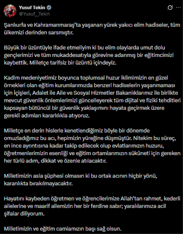 Bakan Tekin: Eğitim ortamlarımızın sükuneti için gereken her adım, dikkat ve özenle atılacaktır