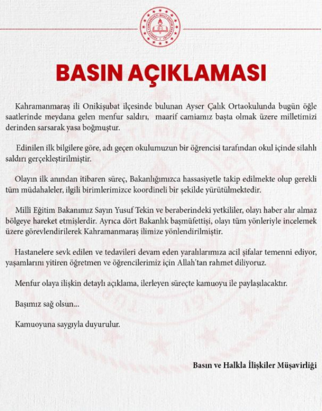 Kahramanmaraş'taki okul saldırısı sonrası Milli Eğitim Bakanlığı'ndan açıklama
