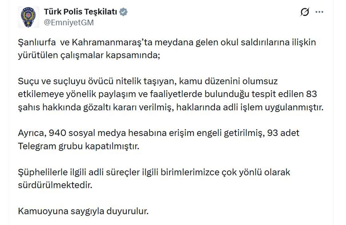 Okul Saldırılarında 83 Gözaltı