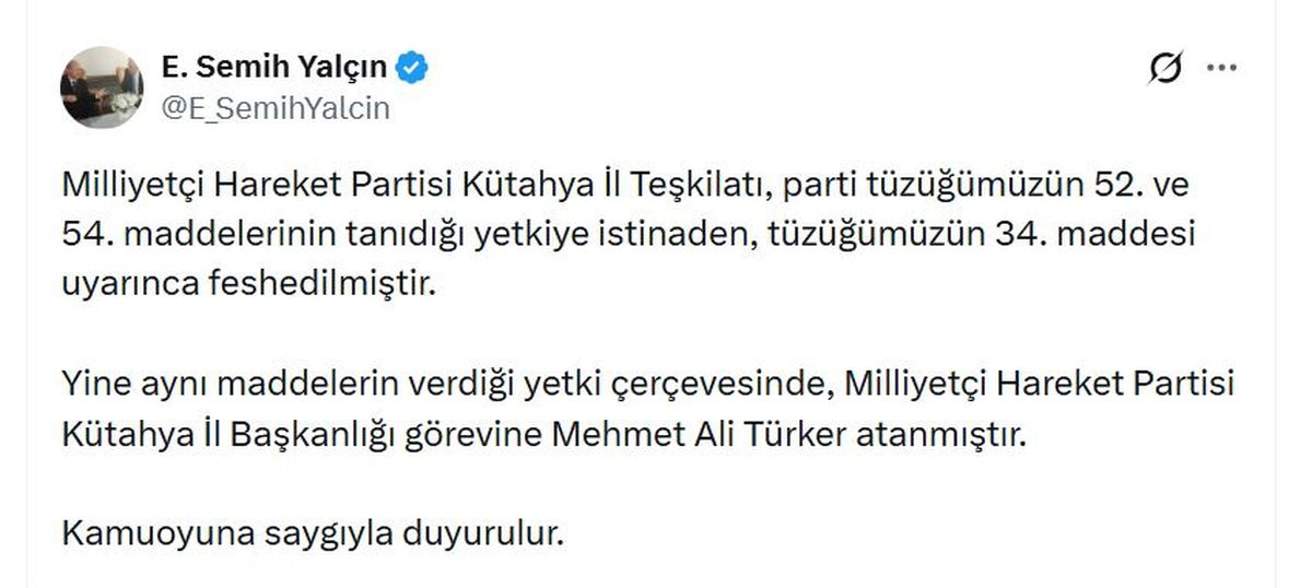 MHP Kütahya İl Teşkilatı Feshedildi