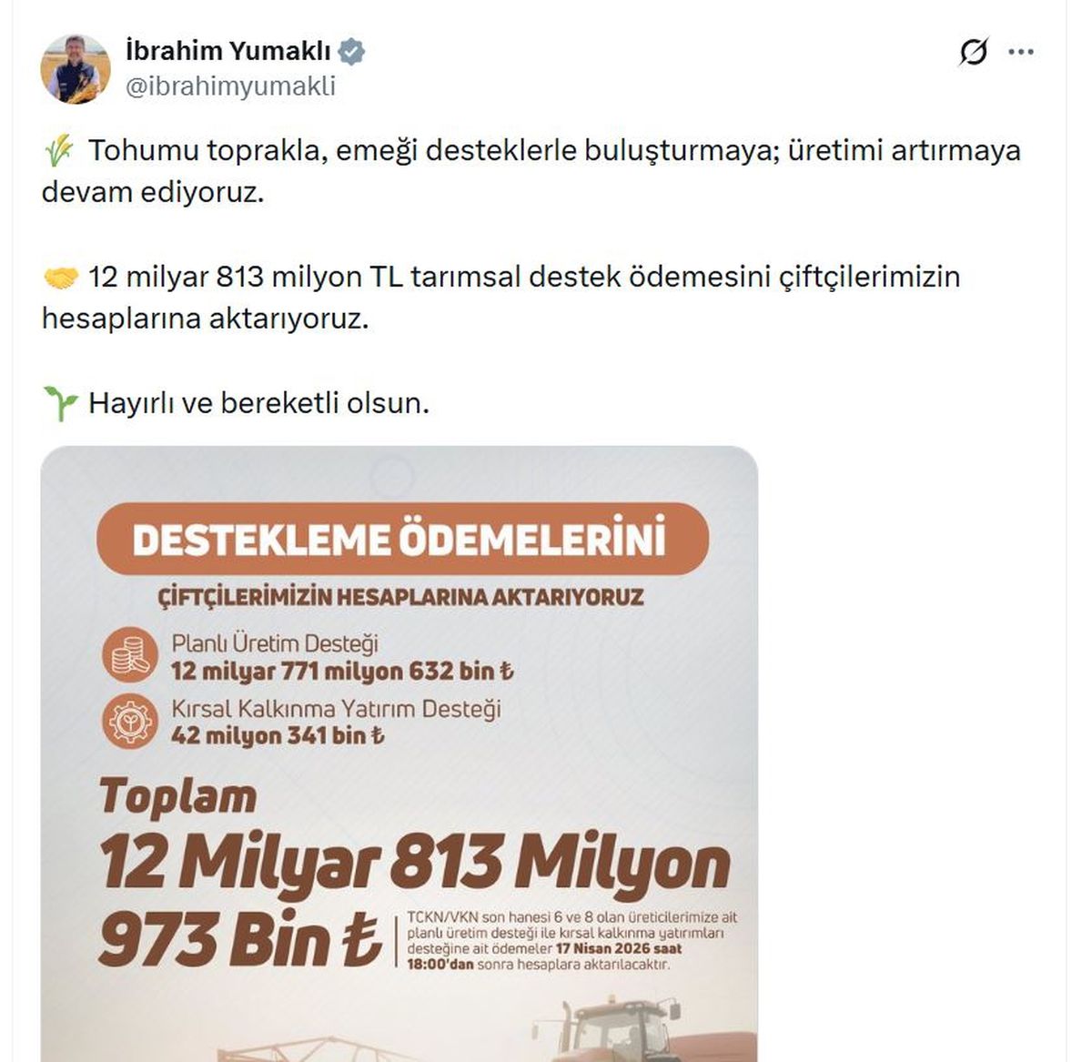 Çiftçilere 12.8 Milyar TL Destek