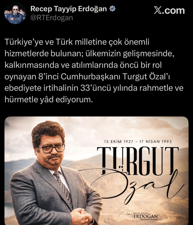 Cumhurbaşkanı Erdoğan, Turgut Özal'ı vefat yıl dönümünde andı