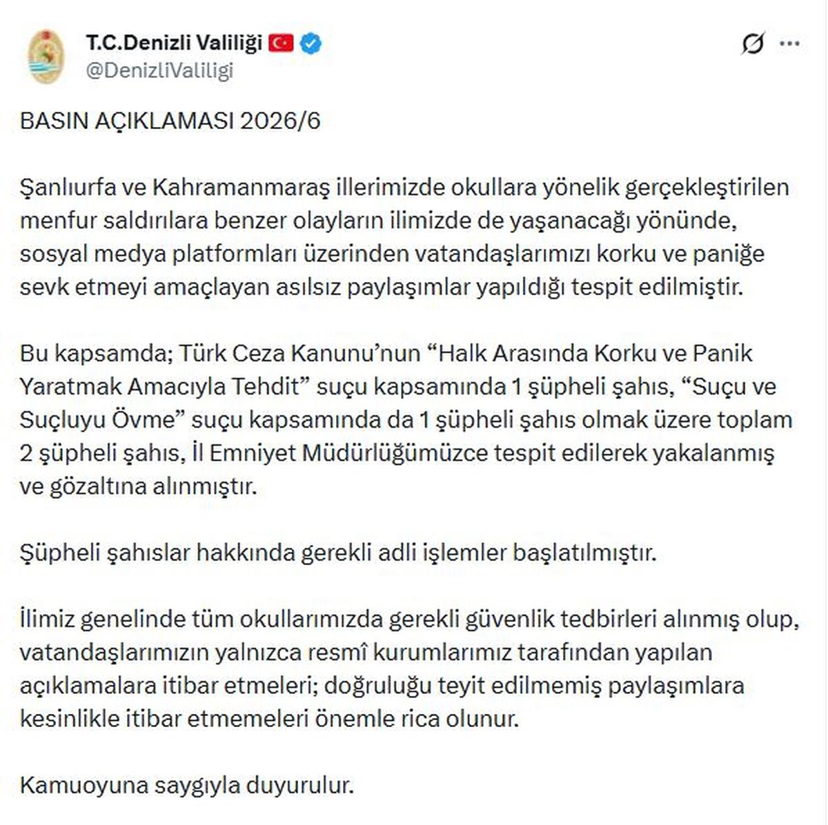 Denizli\'de Yanlış Paylaşımlara Gözaltı