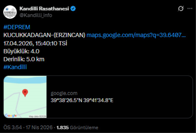 Erzincan'da 4.1 büyüklüğünde deprem