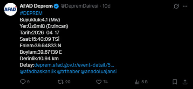 Erzincan'da 4.1 büyüklüğünde deprem