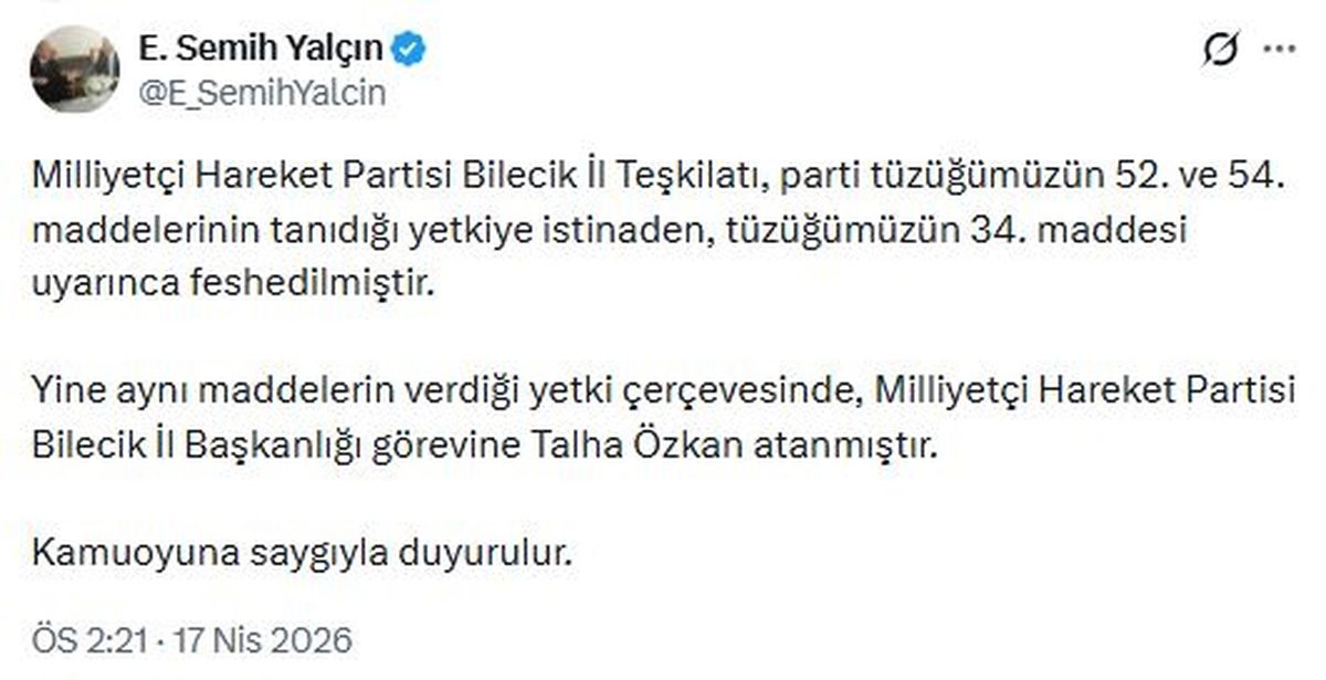 MHP Bilecik Teşkilatı Feshedildi