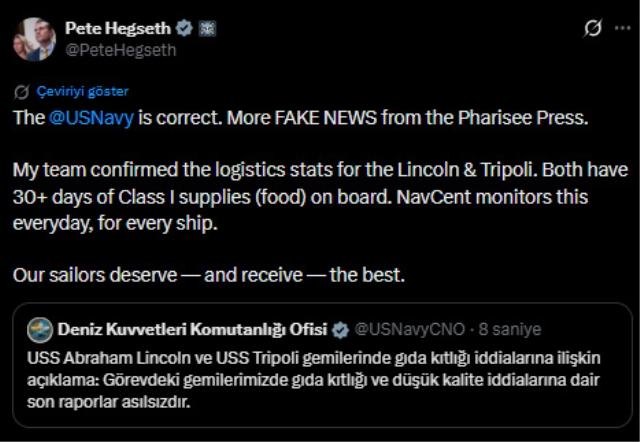 Savaş gemisinde kıtlık iddiasına ABD Donanması'ndan jet yanıt geldi