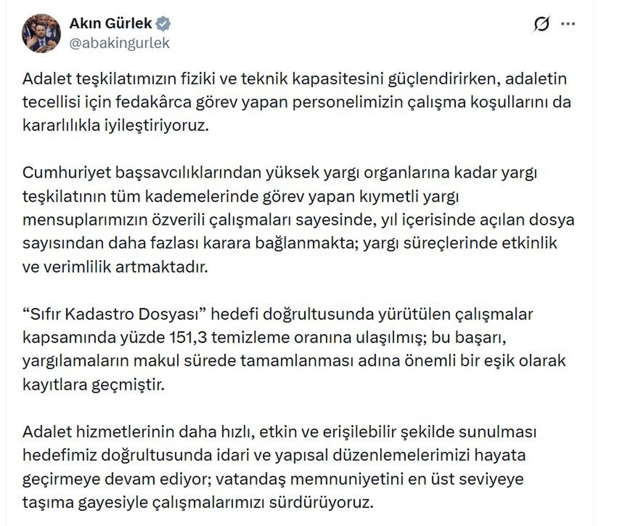Adalet Bakanı Gürlek: Yargı süreçlerinde etkinlik ve verimlilik artıyor