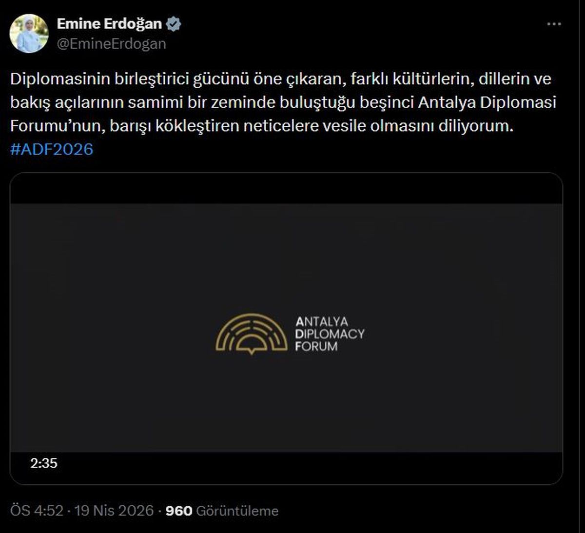 Emine Erdoğan\'dan 5\'inci Antalya Diplomasi Forumu\'na ilişkin paylaşım