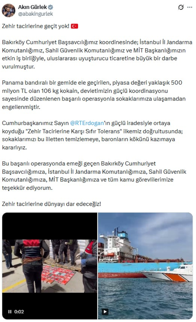 İstanbul'da Panama bandıralı gemide 106 kilogram kokain ele geçirildi