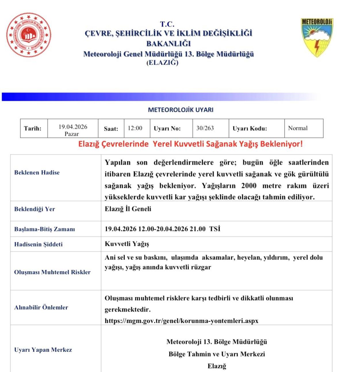 Elazığ için Sağanak Yağış Uyarısı