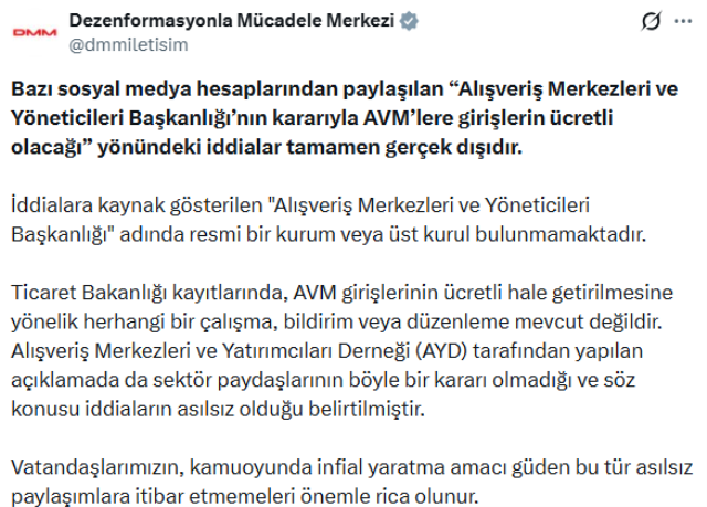 AVM'lere girişler ücretli mi oluyor? Cumhurbaşkanlığından açıklama var