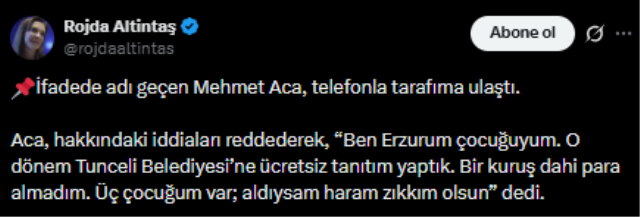Eski Tunceli Valisi Tuncay Sonel'in para aktardığı iddia edilen Mehmet Aca'nın ismi caddeye verilmiş
