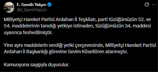 MHP Ardahan il teşkilatını feshetti