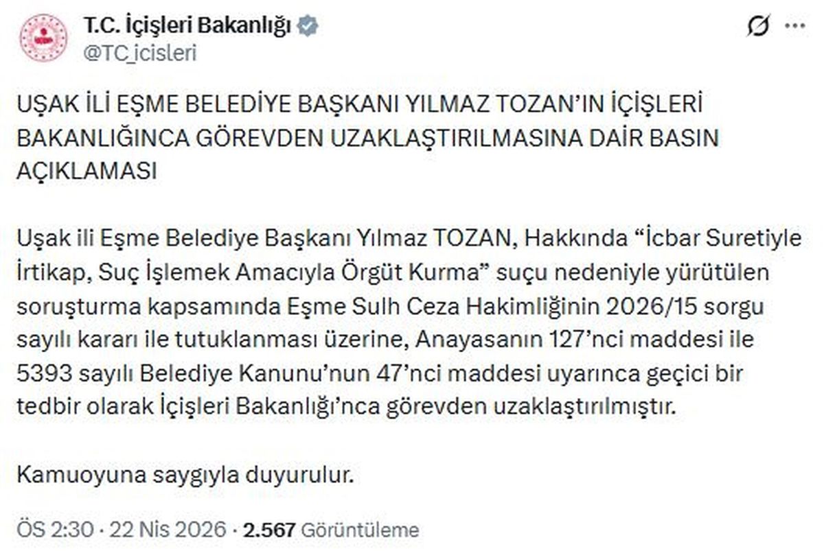 Eşme Belediye Başkanı Görevden Uzaklaştırıldı