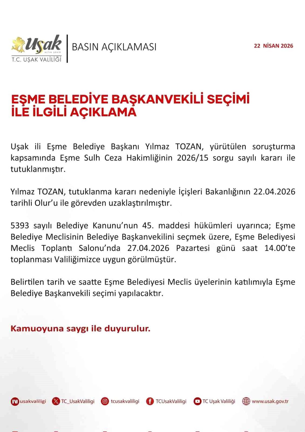 Eşme Belediye Başkanvekili 27 Nisan\'da belirlenecek