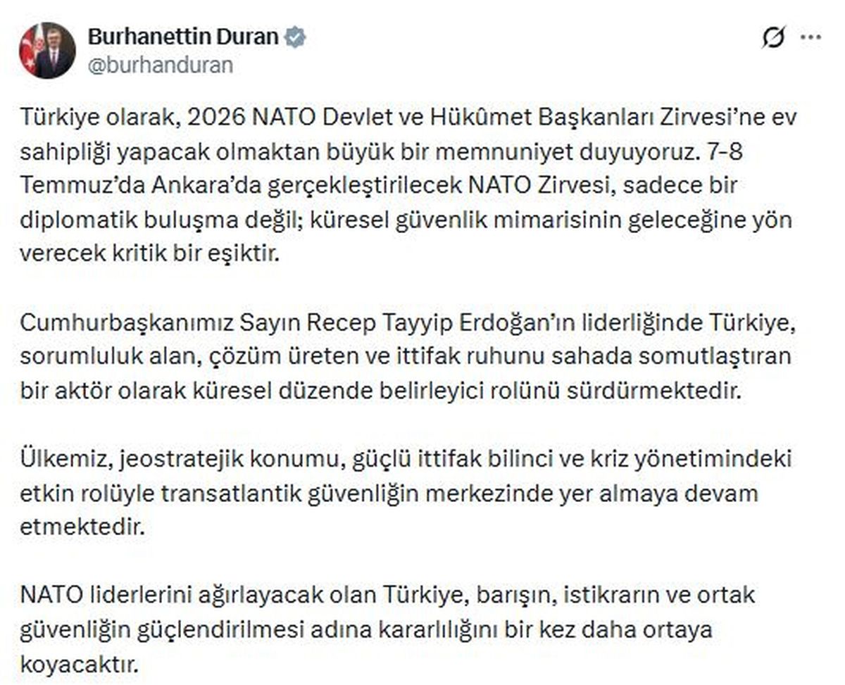 İletişim Başkanı Duran: NATO Zirvesi, küresel güvenlik mimarisinin geleceğine yön verecek