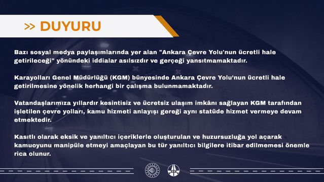 Ankara Çevre Yolu Ücretli Olmayacak