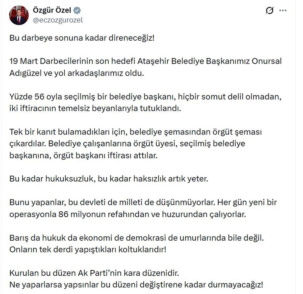 Özgür Özel\'den Ataşehir Belediye Başkanı\'nın tutuklanmasına sert tepki
