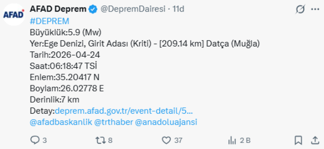 Ege Denizi'nde 5.9 büyüklüğünde deprem
