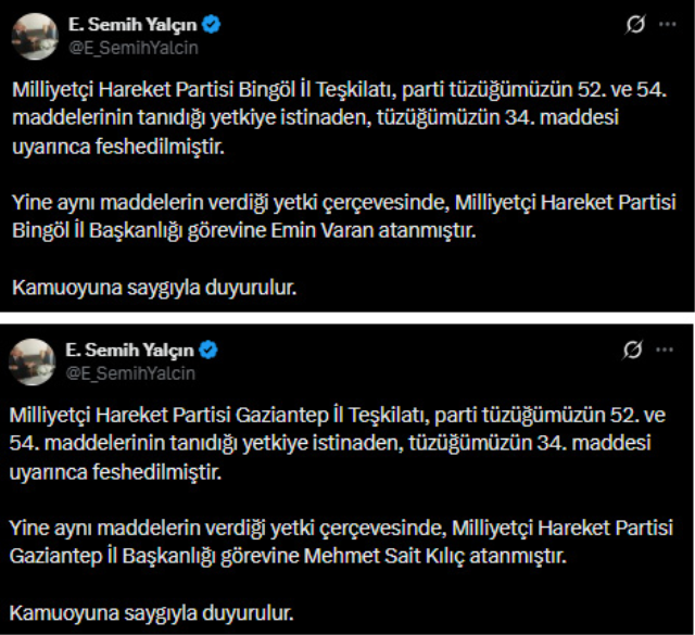 MHP Bingöl ve Gaziantep teşkilatlarını feshetti